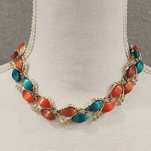 Autumn Leaves Thermoset Moonglow Choker Necklace Fall Colors Gold Tone‎